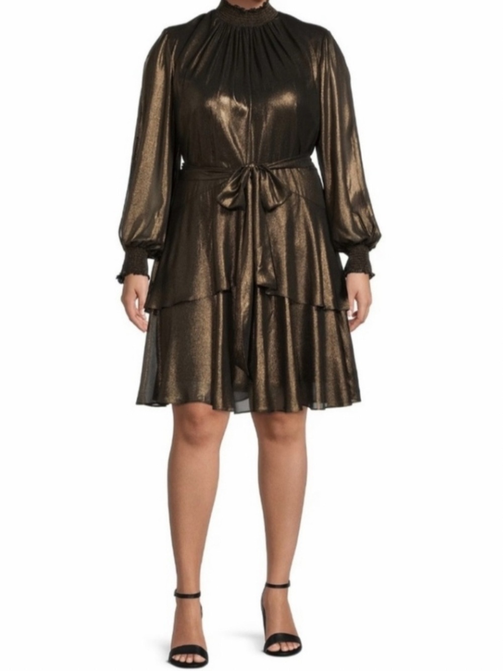 Alex Marie NWT Mis Rosalia Foil Metallic Dress Long Split Sleeve Black Gold Sz10